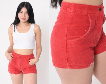 Short en velours côtelé rouge, short de surf rétro des années 80, poches plaquées, taille haute rétro des années 80, vintage, short de sport d'été, très petit xs