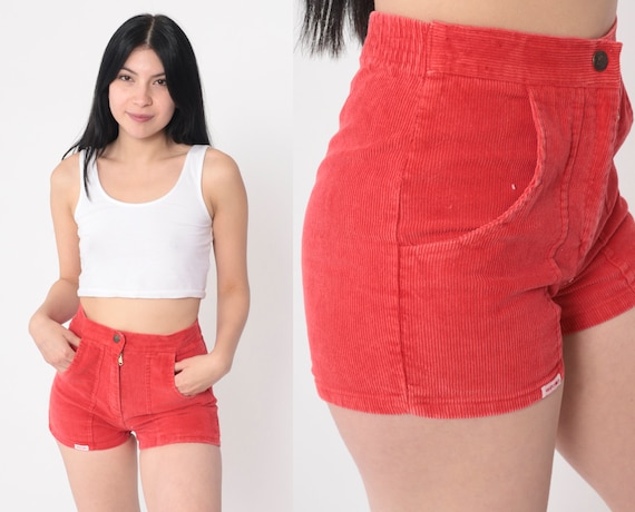 Red Corduroy Shorts 80s Retro Surf Shorts Patch Pockets High Waisted Retro 1980s Vintage Athletic Summer Shorts Extra Small xs