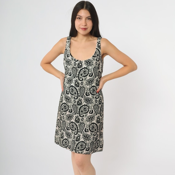 Paisley Mini Dress 60s Black White Tank A Line Mod Goth Shift Go Go Dancing Twiggy Style Swinging Sixties Vintage Psychedelic Small S