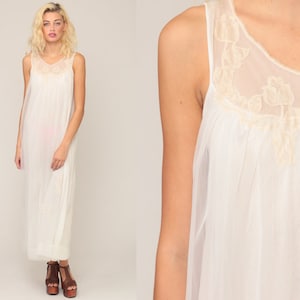 White Nightgown Lingerie Bridal Lingerie Slip Dress 60s Maxi Nightie LACE Nightgown Sheer Nylon Chiffon Boho 70s Vintage Wedding Small