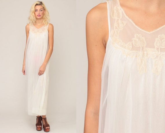 White Nightgown Lingerie Bridal Lingerie Slip Dress 60s Maxi Nightie LACE Nightgown Sheer Nylon Chiffon Boho 70s Vintage Wedding Small