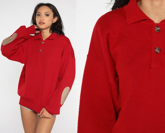 Red Knit Sweater WOOL Collared Sweater Elbow Patches 80s Polo Hipster Vintage Collar Button Up Retro 1980s Knitwear Normcore Large L