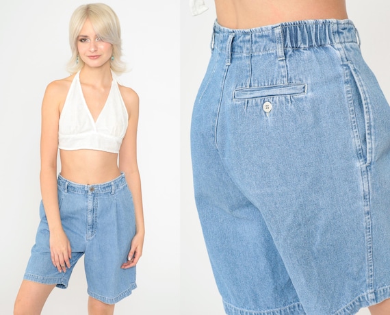 Vintage 90s Jean Shorts Pleated Denim Shorts Retro High Waisted