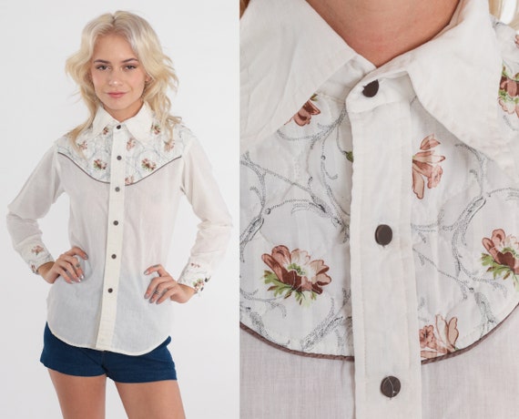 70s Western Shirt White Quilted Floral Button up … - image 1