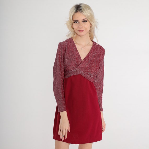 70s Babydoll Dress Metallic Red Dress Mini Party Cocktail Wrap Dress Long Sleeve 1970s Boho Vintage Deep V Neck Empire Waist Mod Medium