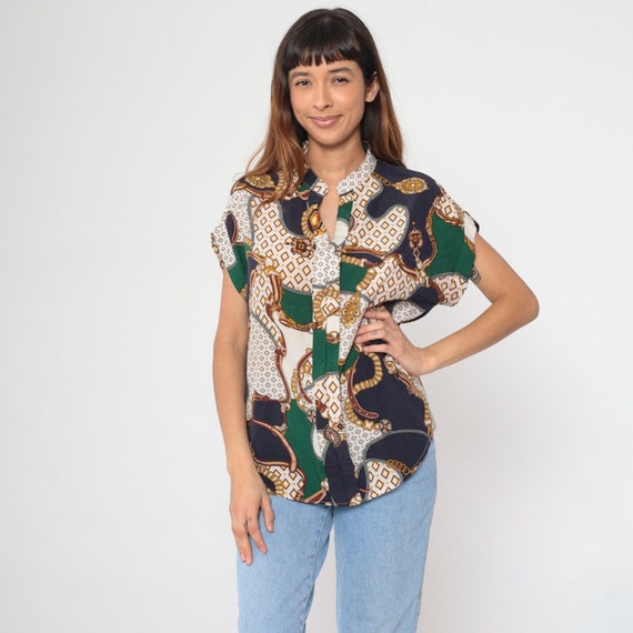 Baroque Scarf Print Blouse Y2K Geometric Chain Top Short Sleeve Shirt Retro Buckle Print Green Navy Blue White Bohemian Vintage 00s Medium