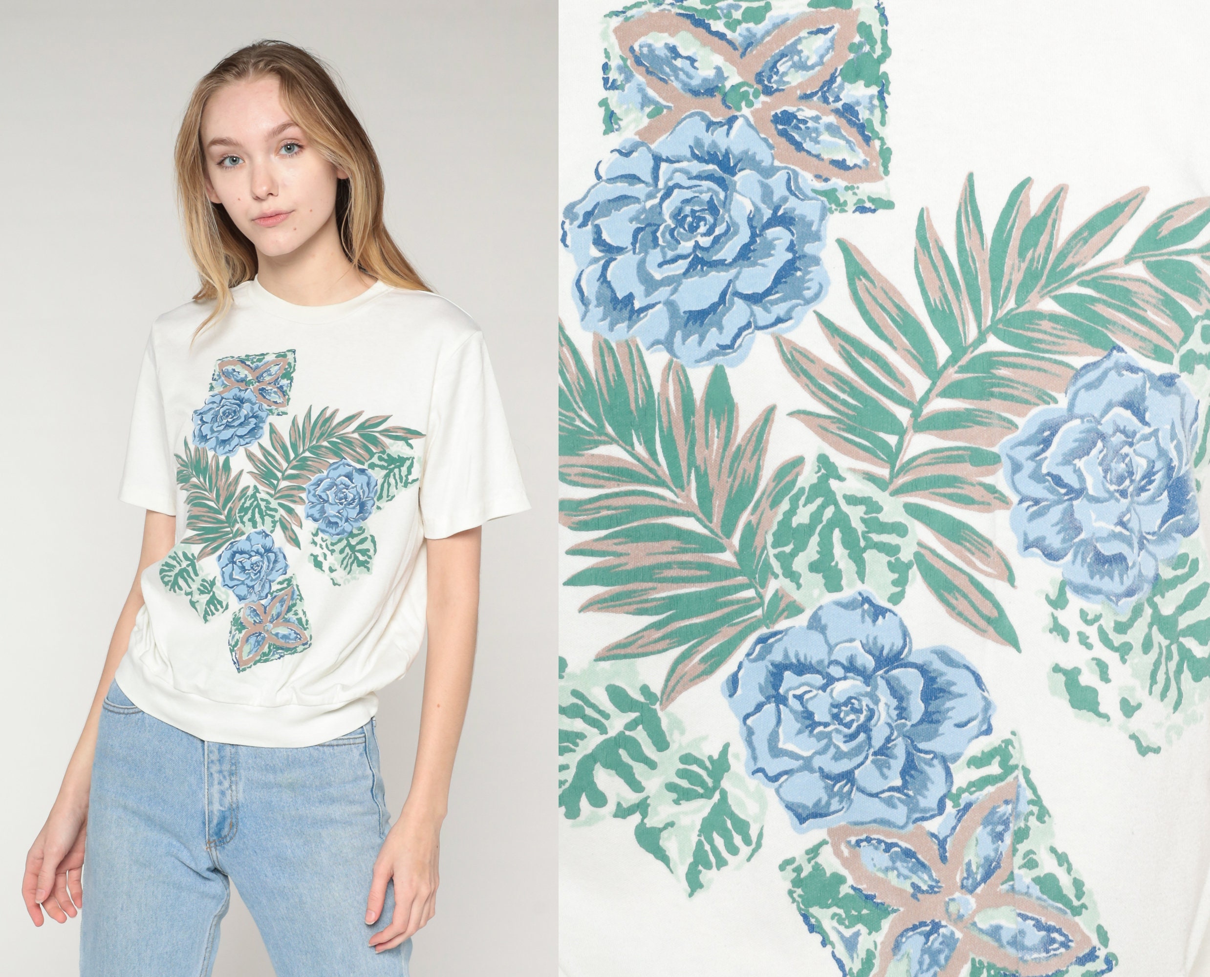 Vintage Flower Shirt 90s White Floral T-Shirt Rose Leaf Print Top Short Sleeve Blouse Retro Banded Hem Graphic Tee Blue Green 1990s Medium M Vintage Flower Shirt 90s White Floral T-Shirt Rose Leaf Print Top Short Sleeve Blouse Retro Banded Hem Graphic Tee Blue Green 1990s Medium M