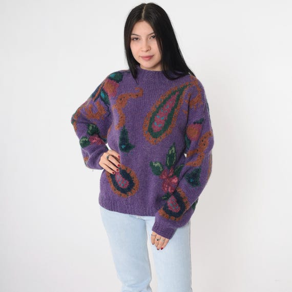 Woolrich Paisley Sweater 00s Wool Mohair Sweater Y2K Purple Floral Sweater Pullover Knit Vintage Crewneck Retro Print Large L