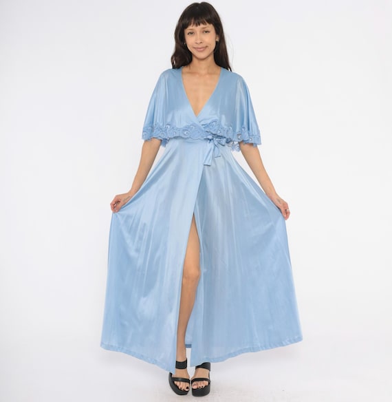 70s Lace Trim Robe Lily Of France Blue Maxi Wrap Dress Flutter Sleeve Kimono Satin Periwinkle Nightgown Cape Sleeve Lingerie Vintage Small S