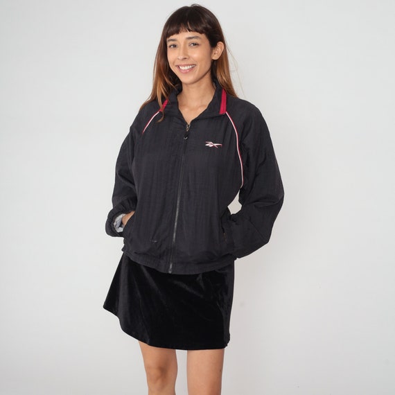 Reebok Windbreaker 90s Black Zip Up Jacket Retro Shell Track Jacket Streetwear Warmup Sportswear Athletic Oversized Vintage 1990s Medium M