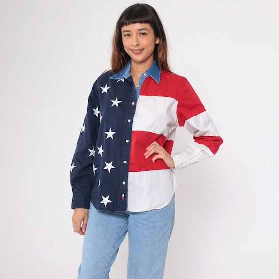 90s Tommy Hilfiger American Flag Shirt Vintage Button Up Blouse Stars Stripes Patriotic Denim Collar 1990s Long sleeve Streetwear Medium 8