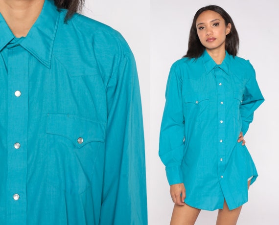 Turquoise Western Shirt 70s Blue Pearl Snap Long Sleeve Vintage Blouse Dagger Collar 1970s Button Up Plain Oxford Shirt Men's Large 16 1/2