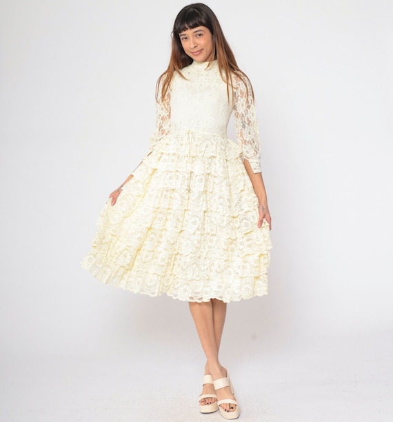 Cream Lace Dress 60s Midi Dress Puff Sleeve Floral Ruffled Tiered Full Skirt High Waisted Wedding Bridal Elopement Vintage 1960s 2xs xxs