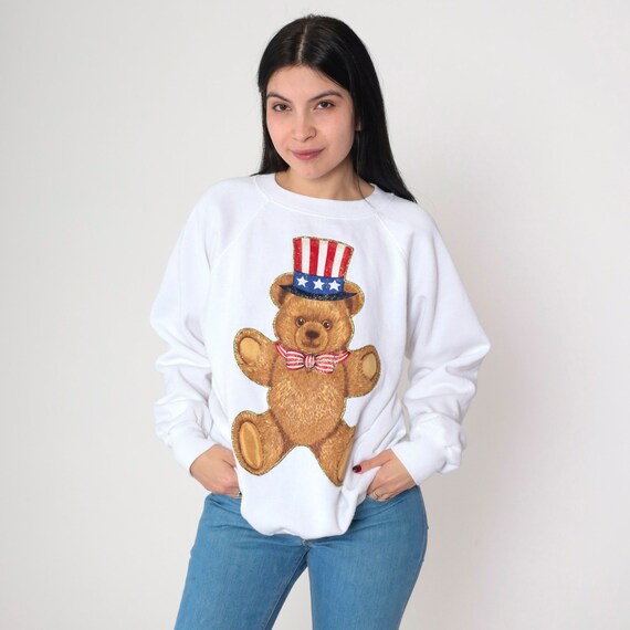 Patriotic Teddy Bear Sweatshirt 90s Glittery Uncle Sam Sweater American Flag Graphic Shirt Sparkly Pullover White Vintage 1990s Large L