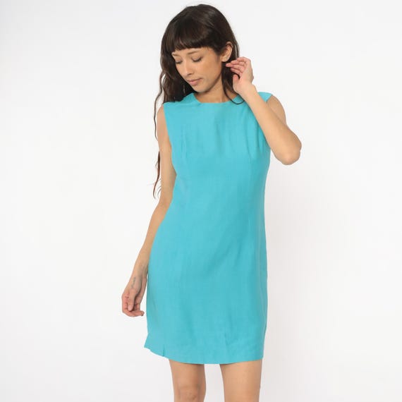 60s Turquoise Mini Mod Dress Shift Sleeveless Knee Length Vintage Teal Aqua Blue Simple Summer Retro Space Age Gogo Dancer Extra Small XS