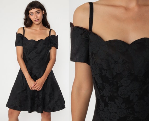 Black Brocade Dress 90s Scalloped Party Mini Off S