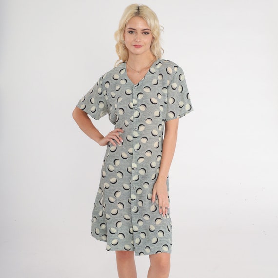 Y2K Mini Dress Button up Day Dress Grey Cream Abstract Circle Dot Op Art Print Retro Casual Short Sleeve V Neck Minidress Vintage 00s Large