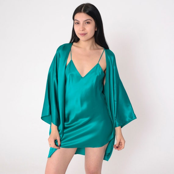 80s Victoria's Secret Lingerie Set Silk Slip Dress Robe Green Nightgown Mini Nightie Open Front Jacket Vintage 1980s Small Medium Large XL