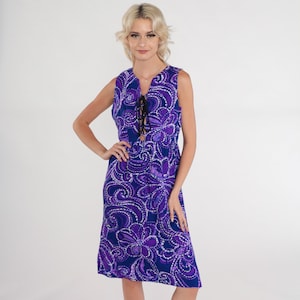 70s Floral Dress Psychedelic Purple Midi Dress Lace Up Corset Hippie Boho Cutout Sleeveless High Waisted Sundress Party Vintage 1970s Medium