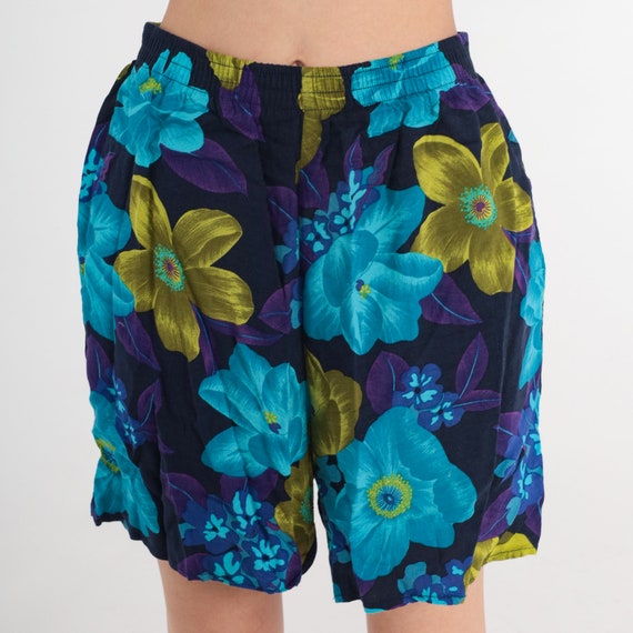 Tropical Floral Shorts 90s Hawaiian Flower Print Shorts Blue Purple Green Summer High Elastic Waist Baggy Mid Length Vintage 1990s Medium M