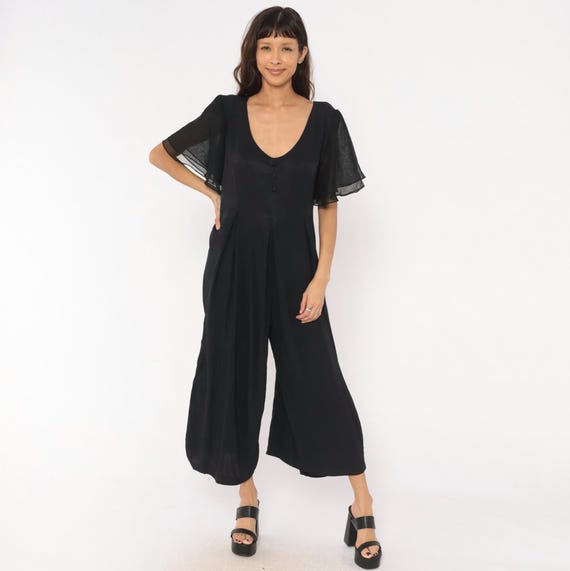 90s Black Jumpsuit Flutter Sleeve Sheer Chiffon Wide Leg Cropped Romper Pleated Waist Tie Back Vintage One Piece Dark Minimal Women Large L