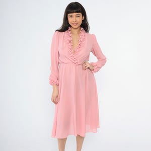 Vintage Rosa Rüschen Kleid 70er Jahre Boho Kleid Grecian Party Kleid Halbschiere Midi High Waist Cocktail Langarm V Ausschnitt Boho Medium M