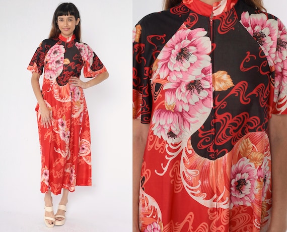 Vintage 70s Red Floral Dress Boho Maxi High Neck Front Zip Wide Flutter Sleeve 1970s Japanese Asian Inspired Lounge Hippie Small S