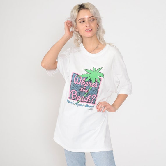 Where's The Beach Shirt 90s Hawii T-Shirt Maui Kuaui TShirt Palm Tree Graphic Tee Surfer Single Stitch White Vintage 1990s Extra Large xl