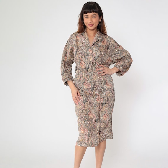 80s Paisley Boho Dress Midi Shirtdress High Waisted Secretary Dress Beige Button Up Vintage 1980s Long Sleeve Bohemian Muted Medium M