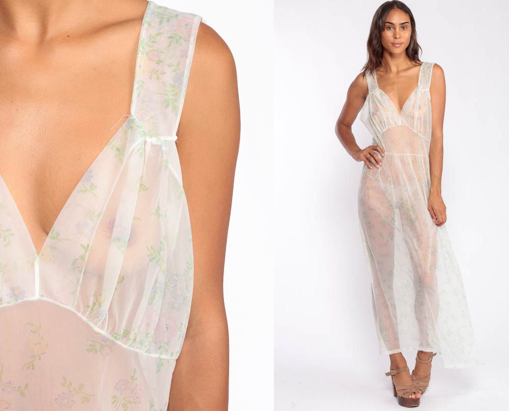 Sheer Lingerie Nightgown Slip Dress 70s Maxi Boho Floral Nightgown Pin