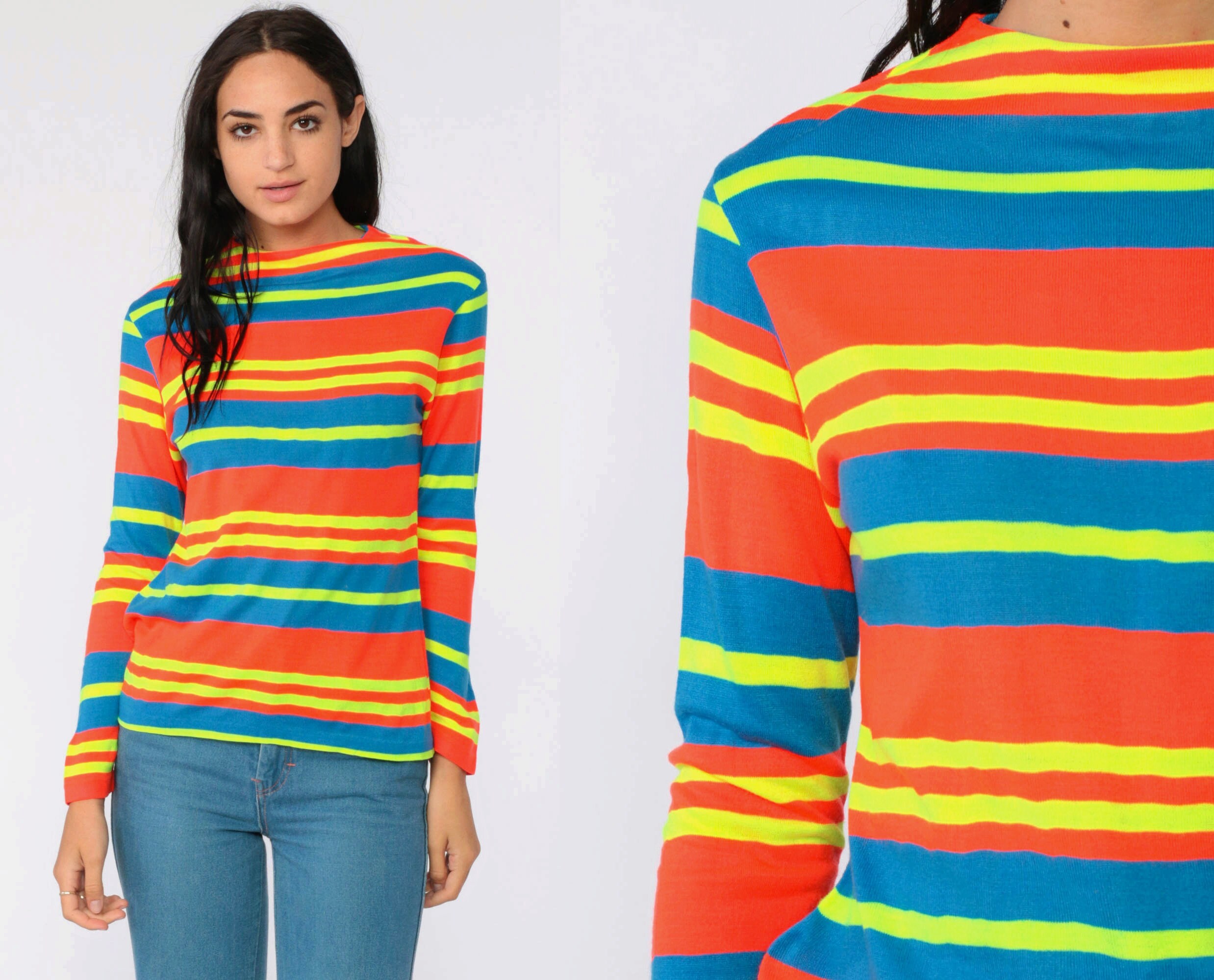 Download Neon Striped Shirt 70s Long Sleeve Shirt Orange Green Tee ...