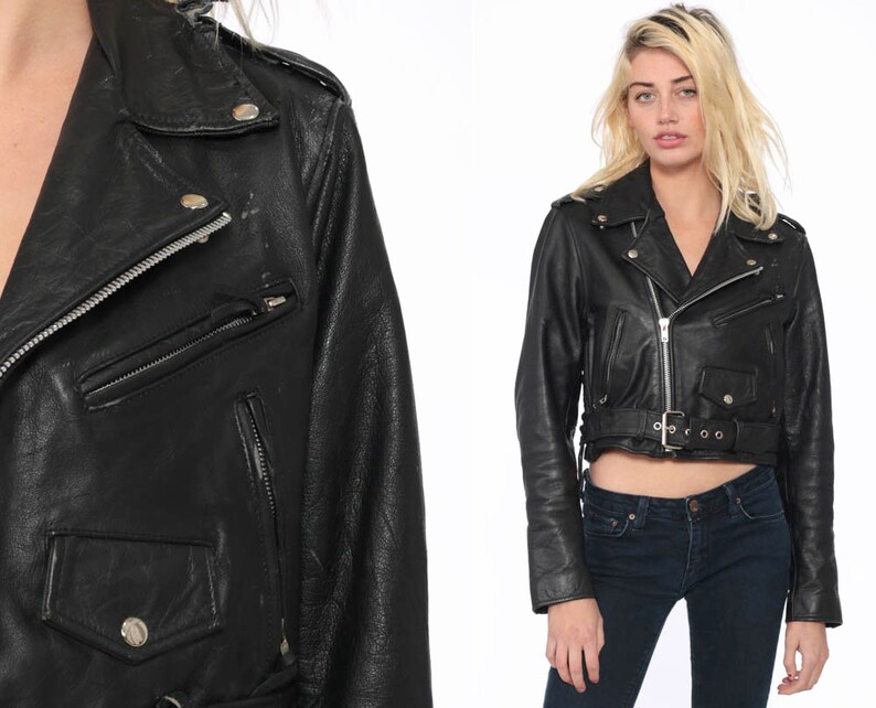 Leather Biker Jacket Xs Black 80s Motorcycle Image 0
