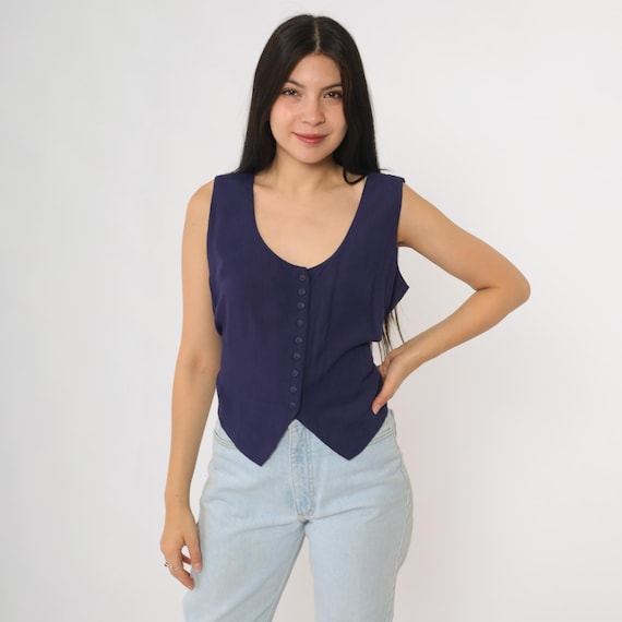 Y2K Purple Vest Vintage Button Front Sleeveless Tank Top Preppy Geek Chic Layering Piece Rayon Nerdy Schoolgirl Academic Medium M