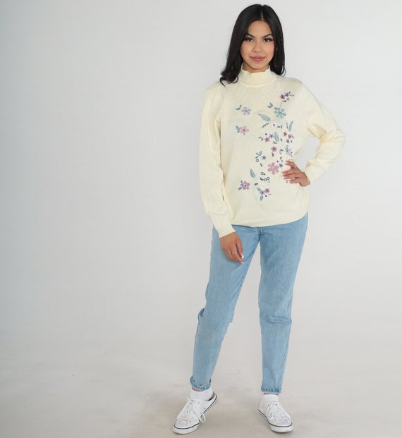 Cream Floral Sweater Y2K Knit Pullover Mock Neck … - image 3