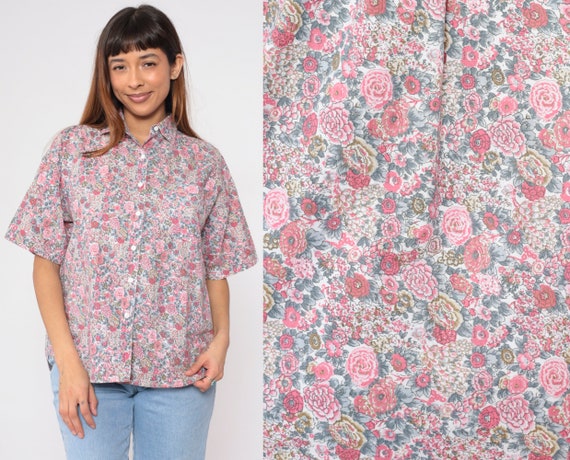 Floral Button up Shirt 90s Blouse Retro Short Sleeve Top Collared Wildflower Dahlia Rose Print Boho Summer Hippie Cotton Vintage 1990s Small