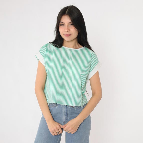 Vintage Striped Top 80s Bright Green Blouse Retro Cuffed Cap Sleeve Casual Top Raw Hem Crop Top 1980s Medium 38