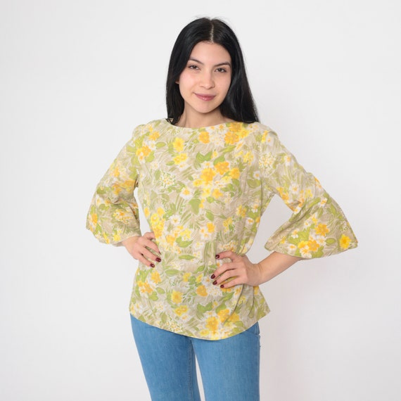60s Floral Blouse 3/4 Bell Sleeve Top Mod Hippie Boho Green Yellow Taupe Flower Print Shirt Retro Sixties Summer Vintage 1960s Medium M