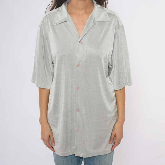 90s Silver Shirt Button Front Collared Tunic Slee… - image 7