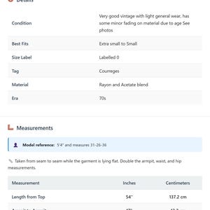 May include: Vintage clothing details, including measurements in inches and centimeters. The garment's length from top is 54 inches (137.2 cm), armpit to armpit is 17 inches (43.2 cm), waist is 14 inches (35.6 cm), and hips are 24 inches (61.0 cm).