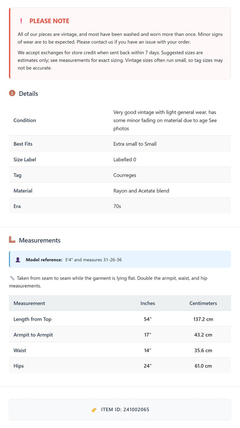 May include: Vintage clothing details, including measurements in inches and centimeters. The garment's length from top is 54 inches (137.2 cm), armpit to armpit is 17 inches (43.2 cm), waist is 14 inches (35.6 cm), and hips are 24 inches (61.0 cm).