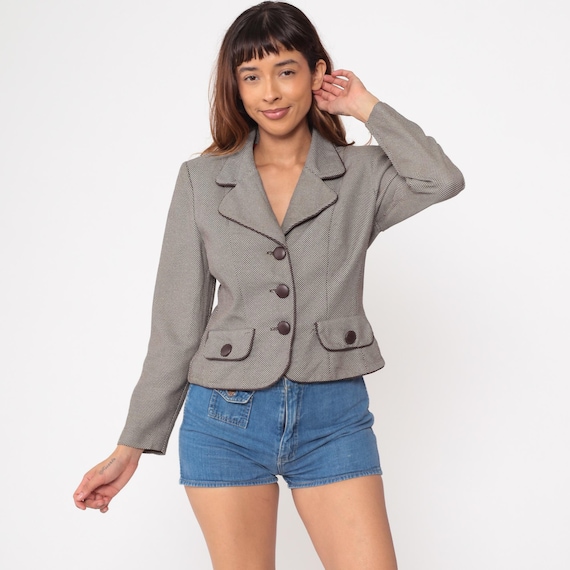 Cropped Blazer 80s Vintage Petite Taupe Brown Micro Check Piping Detail Fitted Jacket Femme Office Wear Shoulder Pads Faux Pockets Small S
