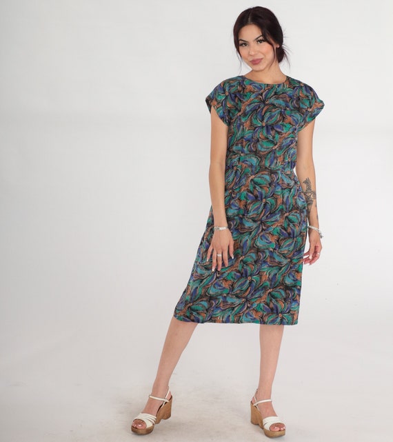 Silk Floral Dress 80s Midi Dress Cap Sleeve Retro High Waisted Abstract Flower Print Secretary Dress Pencil Sheath Boho Vintage 1980s Small