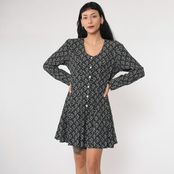 90s Floral Romper Wide Leg Playsuit Black White Grunge Playsuit Shorts Long Sleeve 1990s Vintage Button Up Jumpsuit Small Medium
