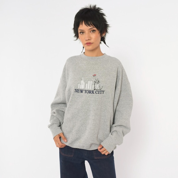 New York City Sweatshirt 90s Grey Embroidered Statue Of Liberty Skyline Crewneck Pullover Cotton Souvenir Heather Gray NYC Extra Large XL