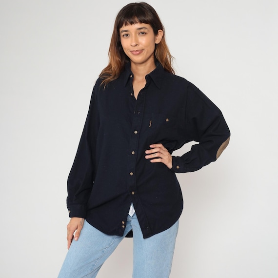 Y2K Pendleton Shirt Navy Blue Wool Brown Elbow Patches Long Sleeve Collared Dark Academia Preppy Academic Vintage Woodsy Hiking Top Large L