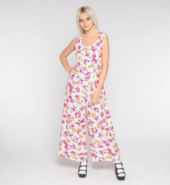 90s Floral Jumpsuit White Pink Wide Leg Boho Baggy Pa… Gem