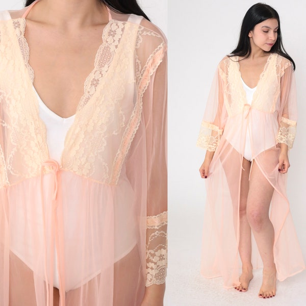 Sheer Pink Robe 70s Long Lingerie Jacket Lace Trim Kimono Maxi Peignoir Bohemian Open Tie Front Vintage 1970s Medium Extra Large M L XL