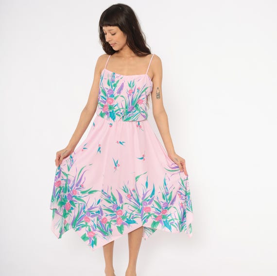 70s Floral Sundress Pink Purple Tropical Print Handkerchief Waist Summer Sleeveless Botanical Garden Party Lilac Teal Rose Dress Medium M
