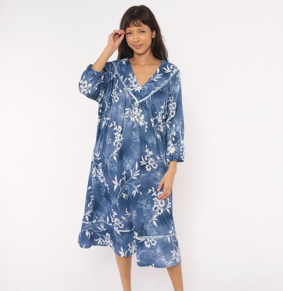 90s Floral Nightgown Blue White Botanical Lace Three Quarter Pullover Cottagecore Prairie Loungewear Periwinkle Medium M To Extra Large XL