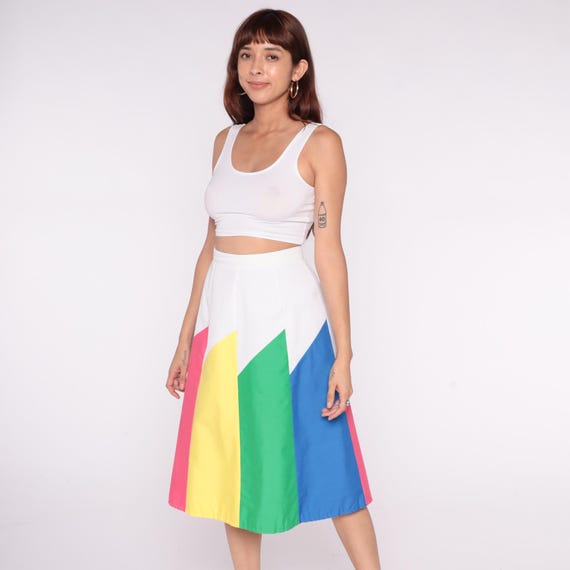 Rainbow Stripe Skirt 80s Color Block White Pink Yellow Green Blue Geometric New Wave Vintage Summer Bright Academic Nerdy Teacher Medium M
